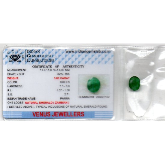 3.80 Ct Certified Untreated Natural Zambian Emerald Panna Gemstone
