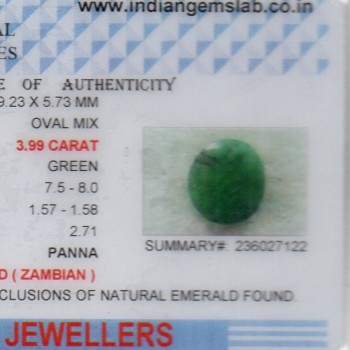3.99 Ct Certified Untreated Natural Zambian Emerald Panna Gemstone 3.99 Ct Certified Untreated Natural Zambian Emerald Panna Gemstone