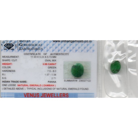 3.99 Ct Certified Untreated Natural Zambian Emerald Panna Gemstone