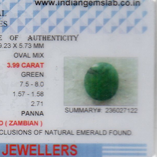 3.99 Ct Certified Untreated Natural Zambian Emerald Panna Gemstone