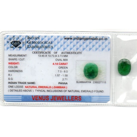 4.14 Ct Certified Untreated Natural Zambian Emerald Panna Gemstone