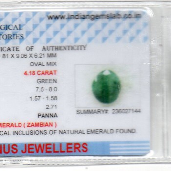 4.18 Ct Certified Untreated Natural Zambian Emerald Panna Gemstone 4.18 Ct Certified Untreated Natural Zambian Emerald Panna Gemstone