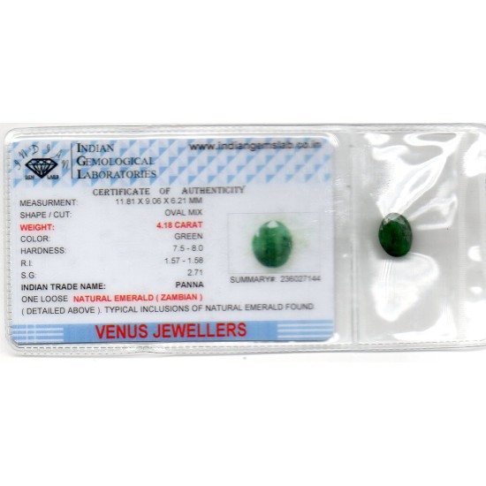 4.18 Ct Certified Untreated Natural Zambian Emerald Panna Gemstone