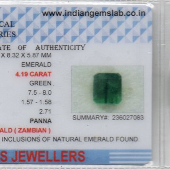 4.19 Ct Certified Untreated Natural Zambian Emerald Panna Gemstone