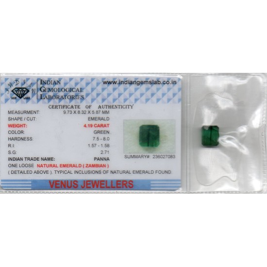 4.19 Ct Certified Untreated Natural Zambian Emerald Panna Gemstone