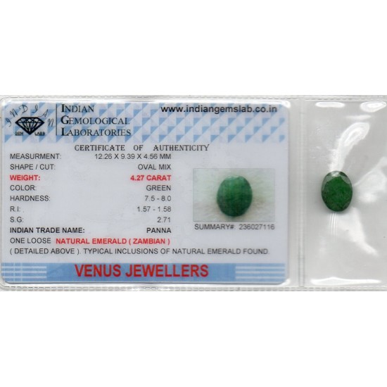 4.27 Ct Certified Untreated Natural Zambian Emerald Panna Gemstone