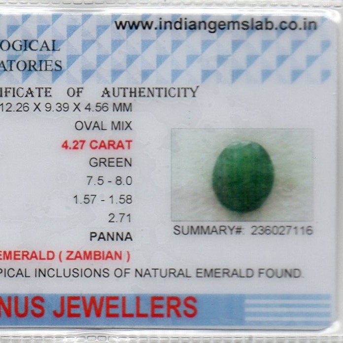 4.27 Ct Certified Untreated Natural Zambian Emerald Panna Gemstone