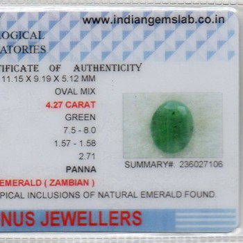 4.27 Ct Certified Untreated Natural Zambian Emerald Panna Gemstone
