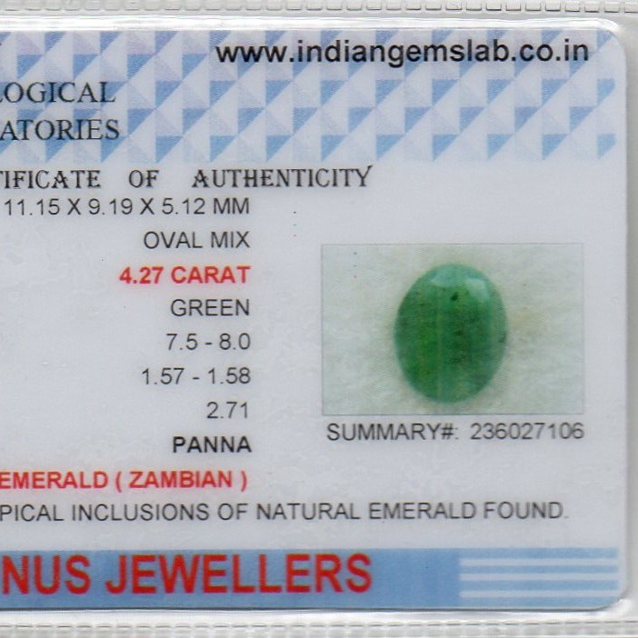 4.27 Ct Certified Untreated Natural Zambian Emerald Panna Gemstone