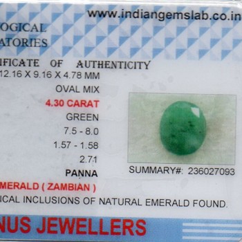 4.30 Ct Certified Untreated Natural Zambian Emerald Panna Gemstone