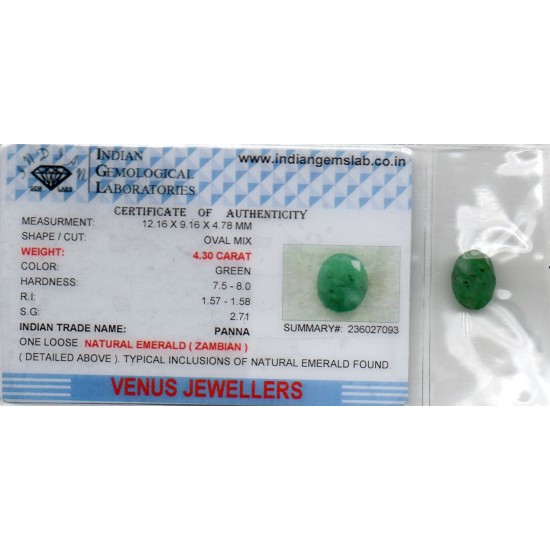 4.30 Ct Certified Untreated Natural Zambian Emerald Panna Gemstone