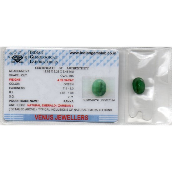 4.39 Ct Certified Untreated Natural Zambian Emerald Panna Gemstone