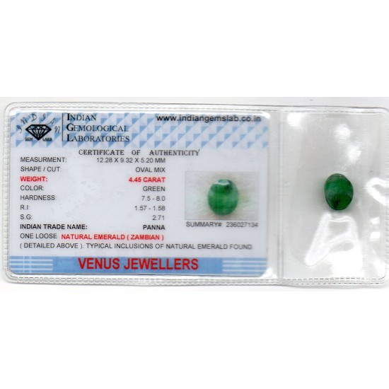 4.45 Ct Certified Untreated Natural Zambian Emerald Panna Gemstone