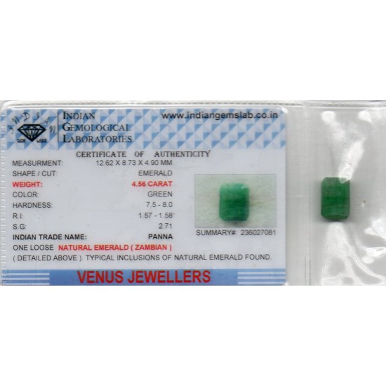 4.56 Ct Certified Untreated Natural Zambian Emerald Panna Gemstone