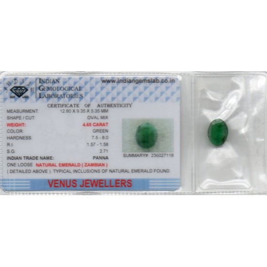 4.65 Ct Certified Untreated Natural Zambian Emerald Panna Gemstone