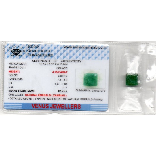 4.75 Ct Certified Untreated Natural Zambian Emerald Panna Gemstone