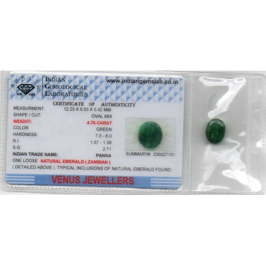 4.76 Ct Certified Untreated Natural Zambian Emerald Panna Gemstone