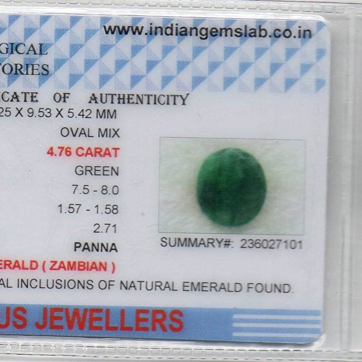 4.76 Ct Certified Untreated Natural Zambian Emerald Panna Gemstone
