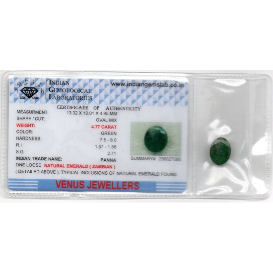 4.77 Ct Certified Untreated Natural Zambian Emerald Panna Gemstone
