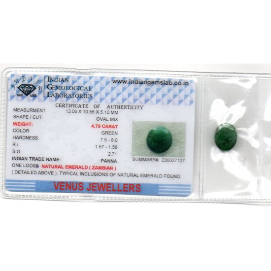 4.79 Ct Certified Untreated Natural Zambian Emerald Panna Gemstone
