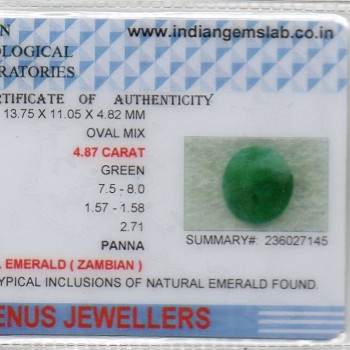 4.87 Ct Certified Untreated Natural Zambian Emerald Panna Gemstone