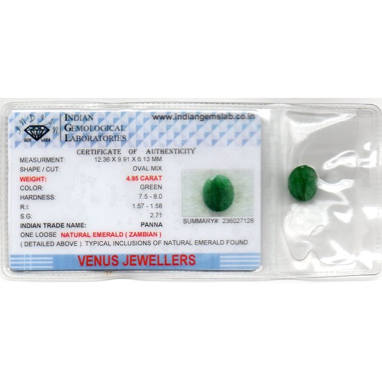 4.95 Ct Certified Untreated Natural Zambian Emerald Panna Gemstone