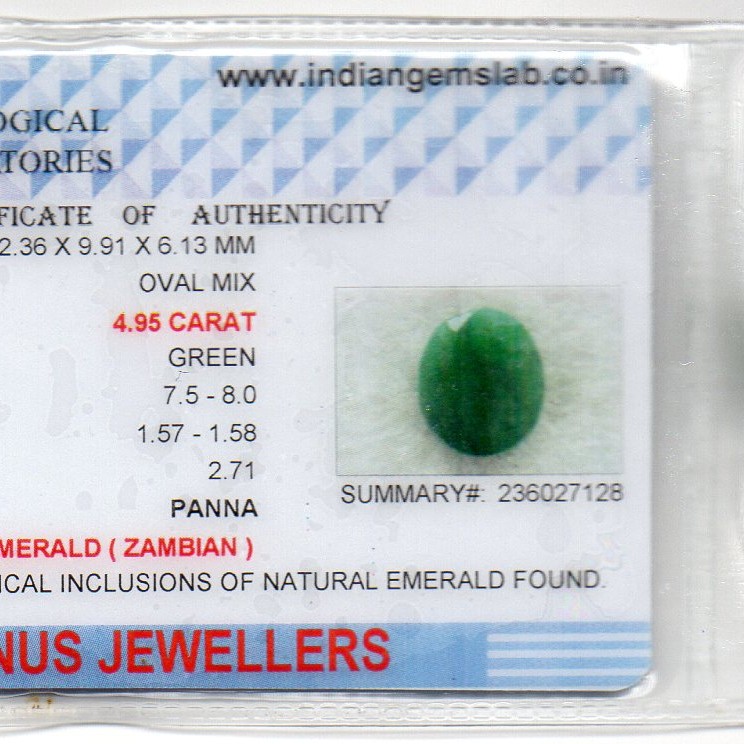4.95 Ct Certified Untreated Natural Zambian Emerald Panna Gemstone 4.95 Ct Certified Untreated Natural Zambian Emerald Panna Gemstone