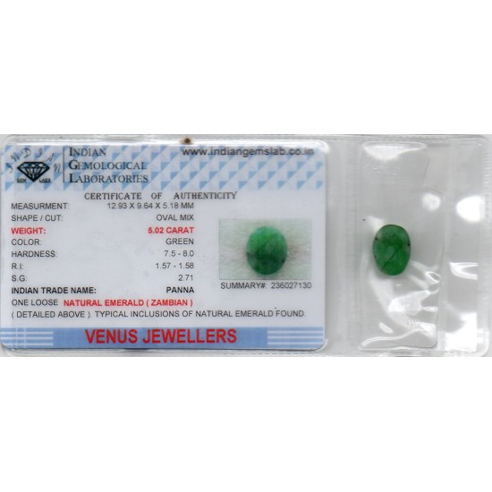 5.02 Ct Certified Untreated Natural Zambian Emerald Panna Gemstone