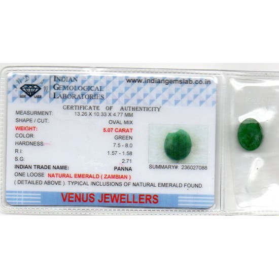 5.07 Ct Certified Untreated Natural Zambian Emerald Panna Gemstone
