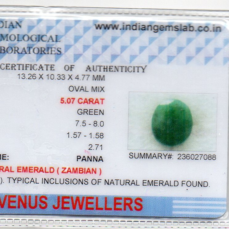 5.07 Ct Certified Untreated Natural Zambian Emerald Panna Gemstone
