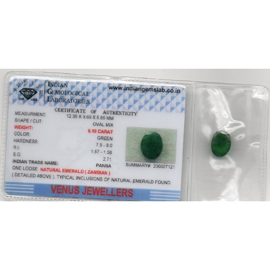 5.10 Ct Certified Untreated Natural Zambian Emerald Panna Gemstone