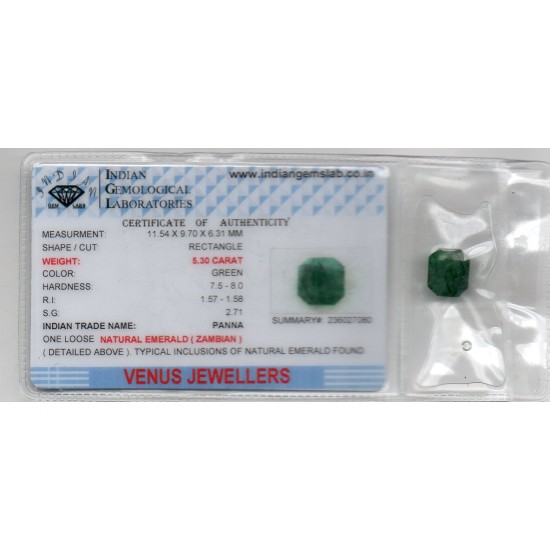 5.30 Ct Certified Untreated Natural Zambian Emerald Panna Gemstone