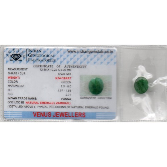 5.34 Ct Certified Untreated Natural Zambian Emerald Panna Gemstone