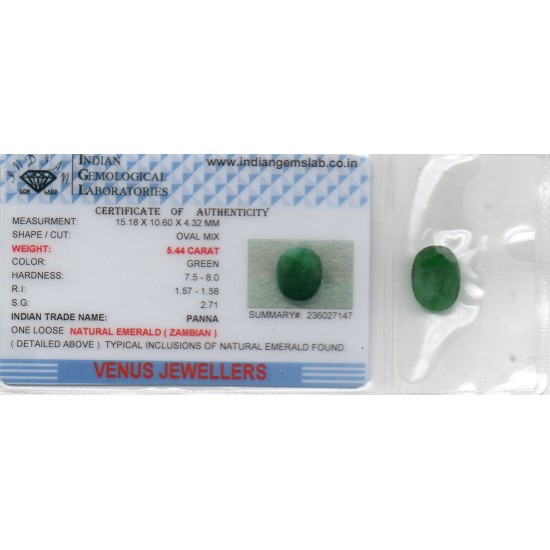 5.44 Ct Certified Untreated Natural Zambian Emerald Panna Gemstone