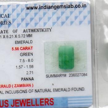 5.56 Ct Certified Untreated Natural Zambian Emerald Panna Gemstone