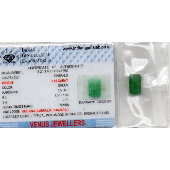 5.56 Ct Certified Untreated Natural Zambian Emerald Panna Gemstone