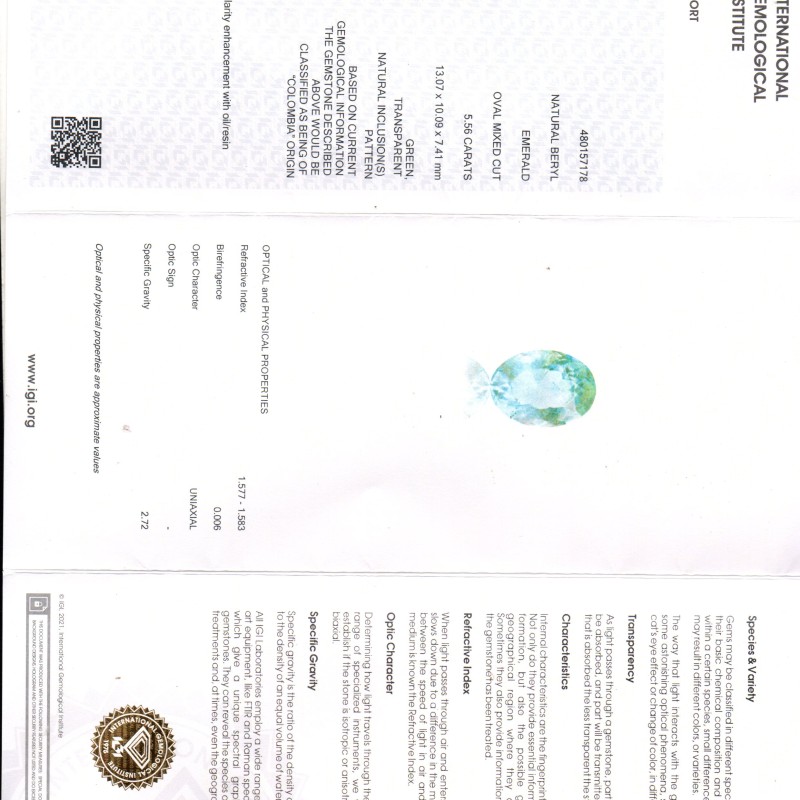 5.56 Ct IGI Certified Untreated Natural Colombian Emerald Gems AAA 5.56 Ct IGI Certified Untreated Natural Colombian Emerald Gems AAA