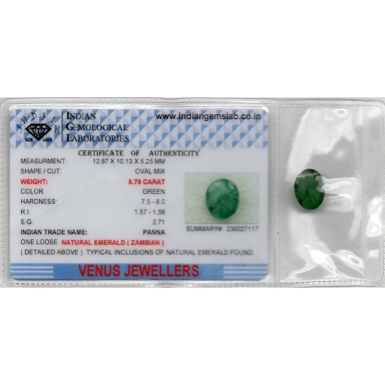 5.75 Ct Certified Untreated Natural Zambian Emerald Panna Gemstone