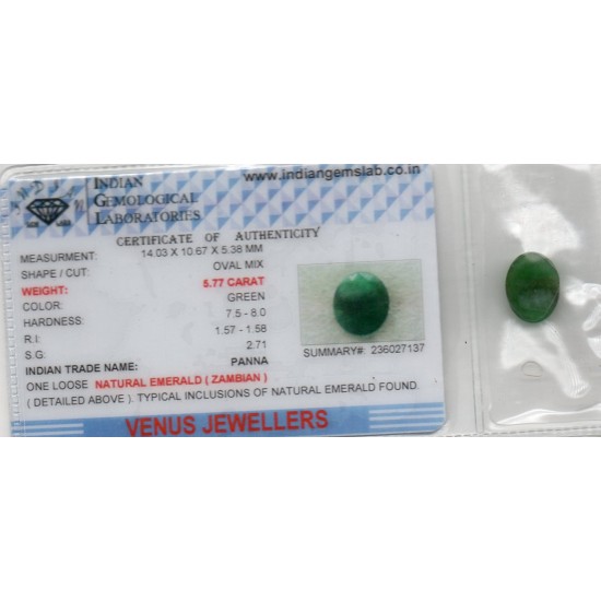 5.77 Ct Certified Untreated Natural Zambian Emerald Panna Gemstone