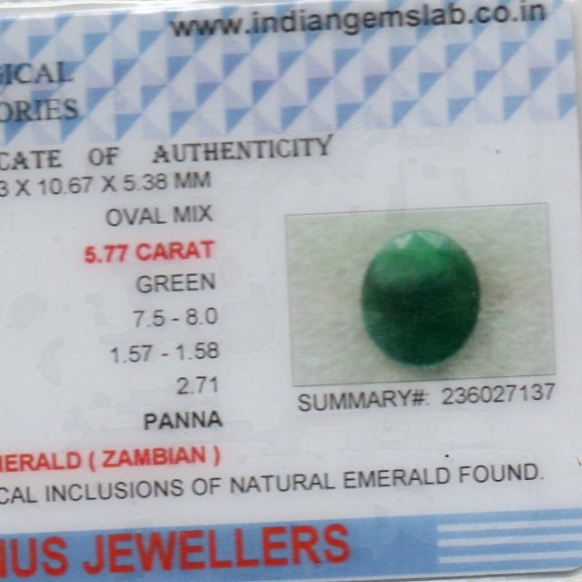 5.77 Ct Certified Untreated Natural Zambian Emerald Panna Gemstone