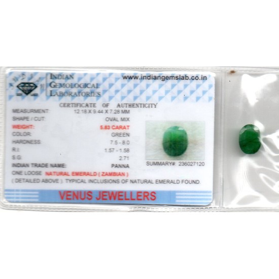 5.83 Ct Certified Untreated Natural Zambian Emerald Panna Gemstone