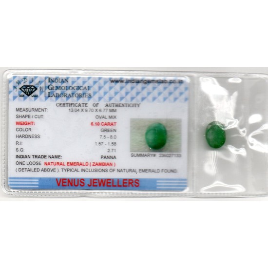 6.10 Ct Certified Untreated Natural Zambian Emerald Panna Gemstone