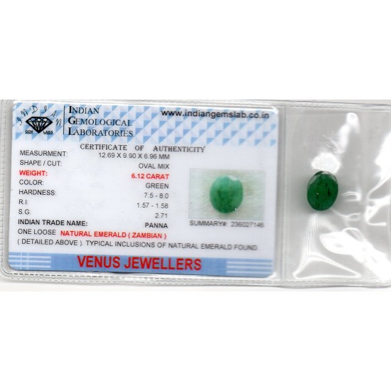 6.12 Ct Certified Untreated Natural Zambian Emerald Panna Gemstone
