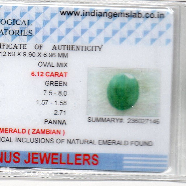 6.12 Ct Certified Untreated Natural Zambian Emerald Panna Gemstone 6.12 Ct Certified Untreated Natural Zambian Emerald Panna Gemstone