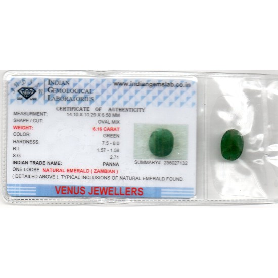 6.16 Ct Certified Untreated Natural Zambian Emerald Panna Gemstone