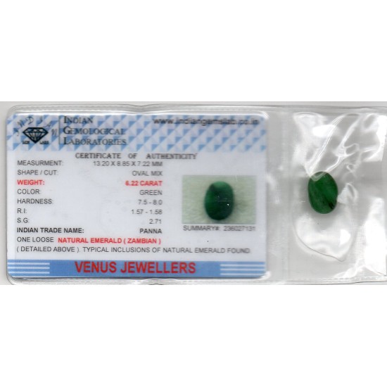 6.22 Ct Certified Untreated Natural Zambian Emerald Panna Gemstone