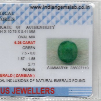 6.26 Ct Certified Untreated Natural Zambian Emerald Panna Gemstone