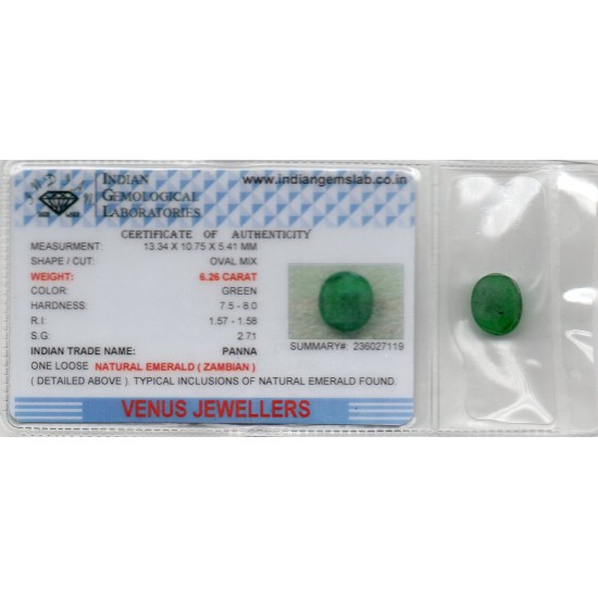 6.26 Ct Certified Untreated Natural Zambian Emerald Panna Gemstone