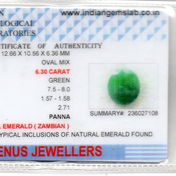 6.30 Ct Certified Untreated Natural Zambian Emerald Panna Gemstone 6.30 Ct Certified Untreated Natural Zambian Emerald Panna Gemstone