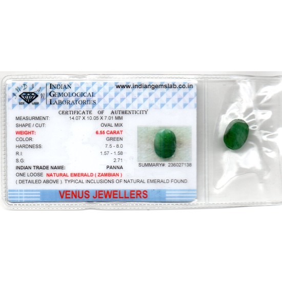 6.55 Ct Certified Untreated Natural Zambian Emerald Panna Gemstone